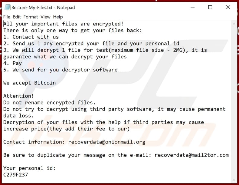 ficheiro de texto do ransomware Loki Locker (Restore-My-Files.txt)