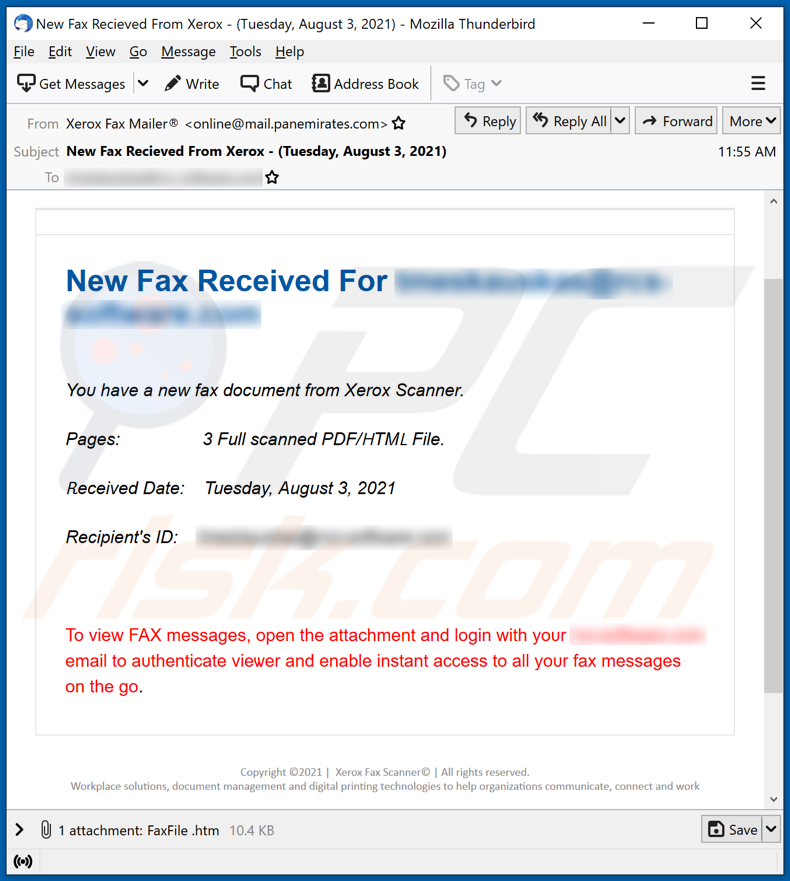 campanha de spam por e-mail New Fax Received