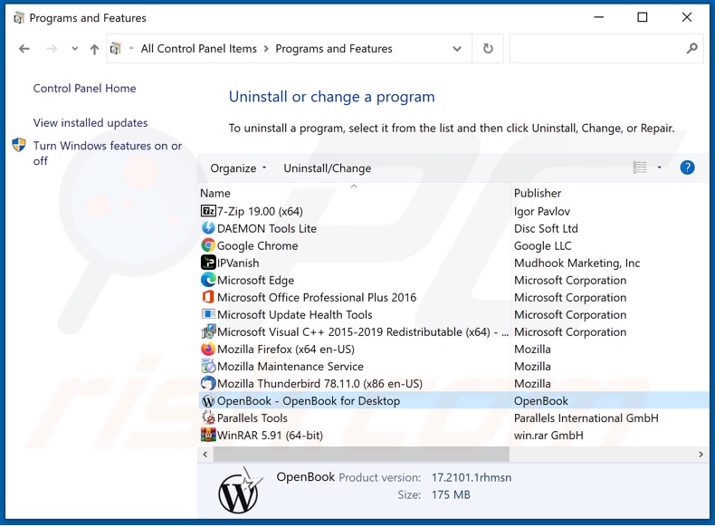 desinstalar o adware OpenBook via Pianel de Controlo