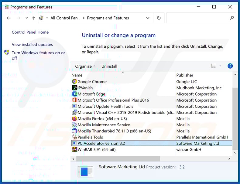 desinstalar o adware PC Accelerator via Painel de Controlo