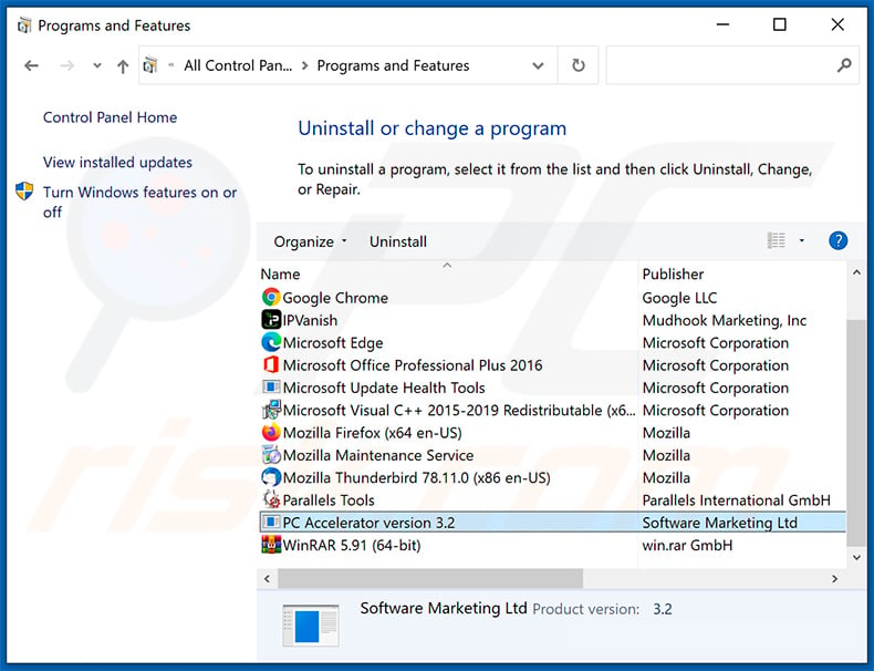 desinstalar o adware PC Accelerator via Painel de Controlo