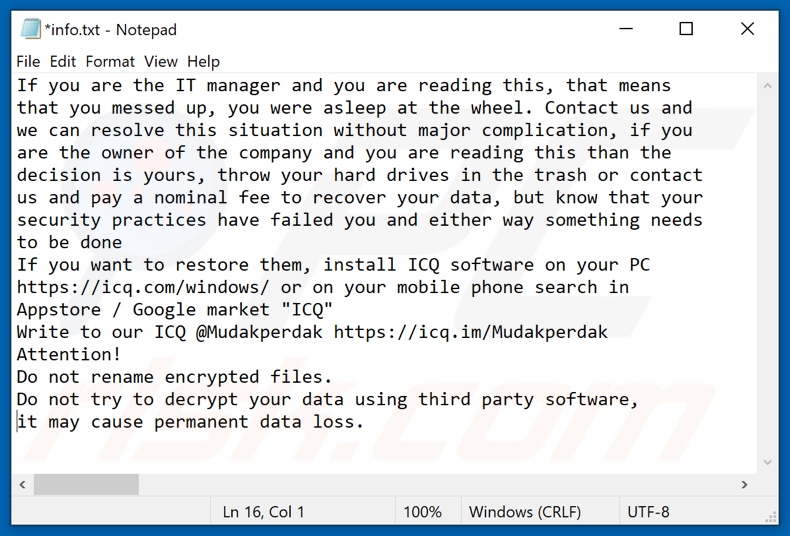 Screenshot do ficheiro de ransomware PERDAK (info.txt)