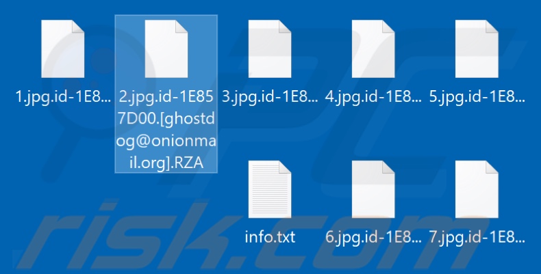 Screenshot dos ficheiros encriptados pelo ransomware RZA (extensão .RZA)