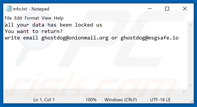 Screenshot do ficheiro de ransomware RZA (info.txt)