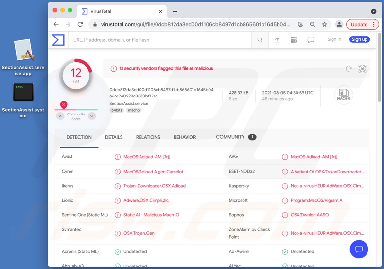 detecções do adware SectionAssist no VirusTotal