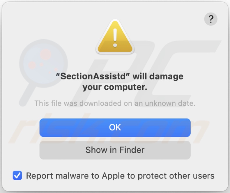 Pop-up exibido quando o adware do SectionAssist é instalado no dispositivo