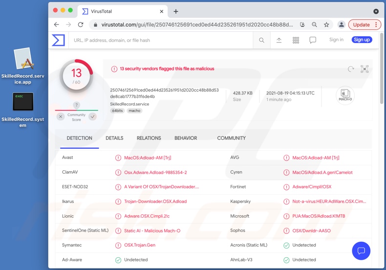 detecções do adware SkilledRecord em VirusTotal