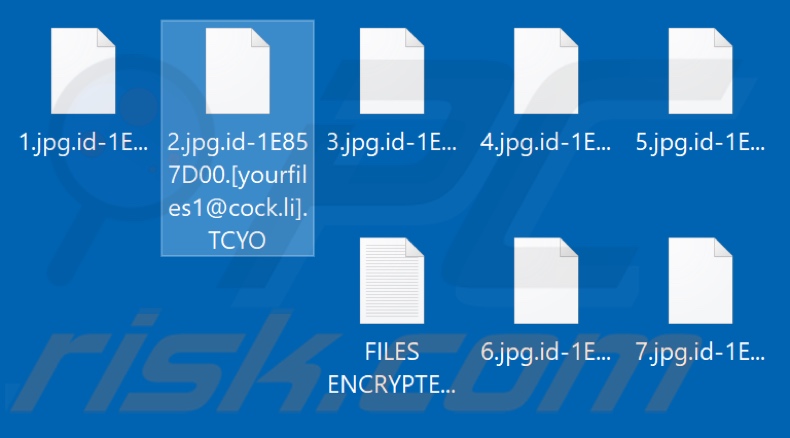 Screenshot dos ficheiros encriptados pelo ransomware TCYO (extensão .TCYO)