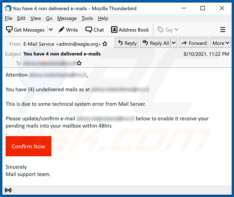 spam com tema Undelivered mail (2021-08-13)