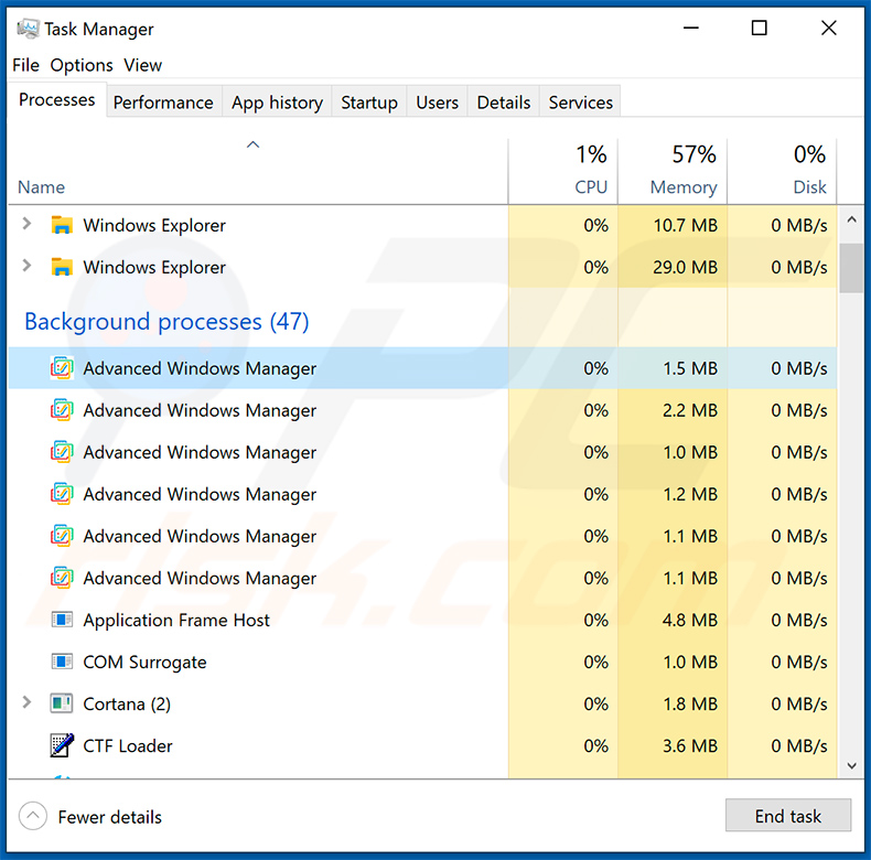 Os processos de adware do Windows Manager no Gestor de Tarefas