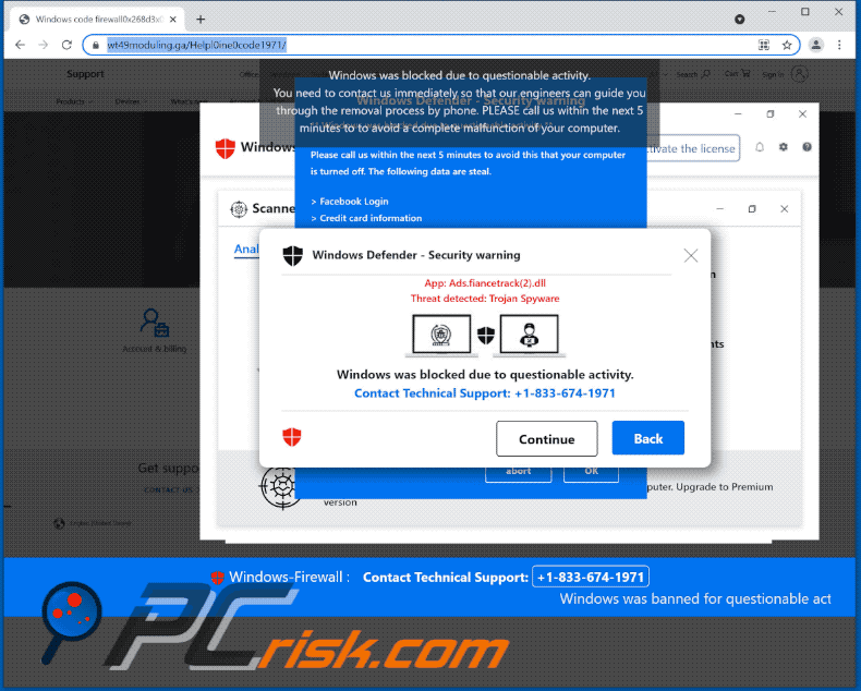POP-UP da fraude Windows Was Blocked Due To Questionable Activity (GIF)