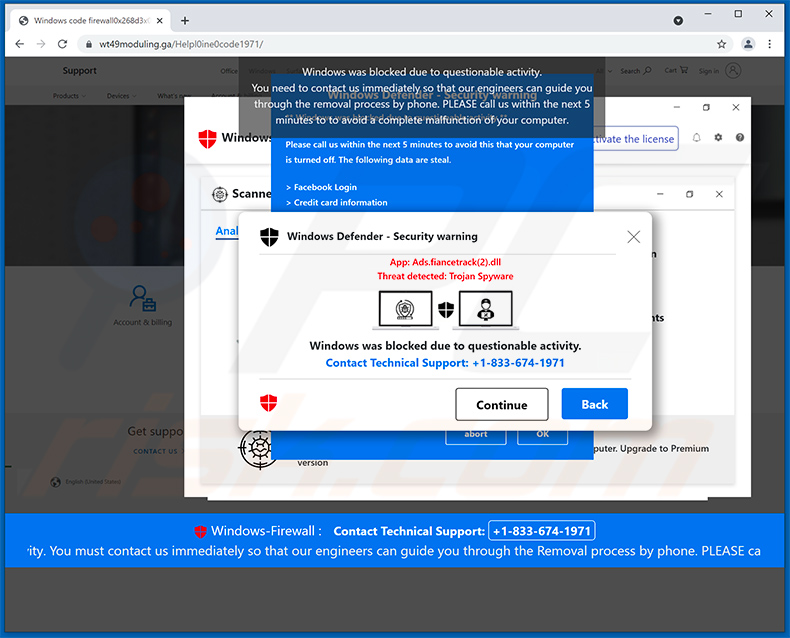 pop-up da fraude Windows Was Blocked Due To Questionable Activity