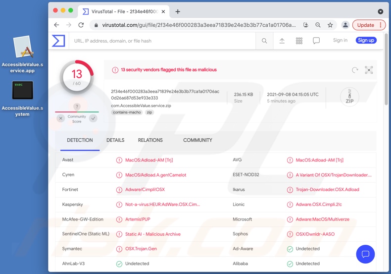 Detecções de adware de accessiblevalue em VirusTotal