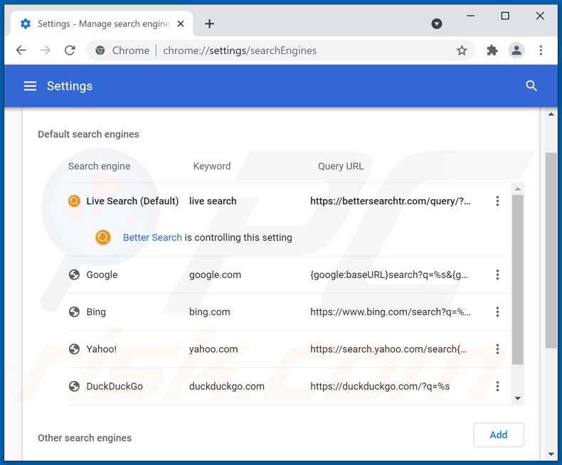 Remover bettersearchtr.com do motor de pesquisa padrão do Google Chrome