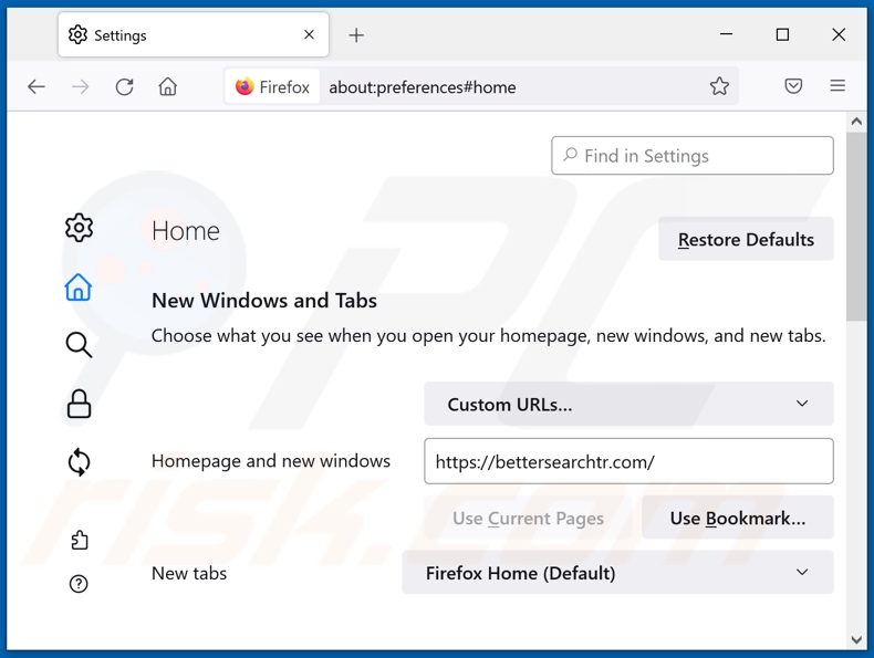 Removendo o bettersearchtr.com da página inicial do Mozilla Firefox