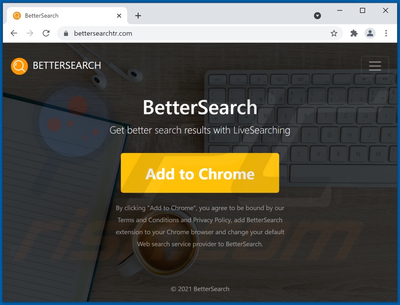 Website utilizado para promover o sequestrador de navegador Better Search