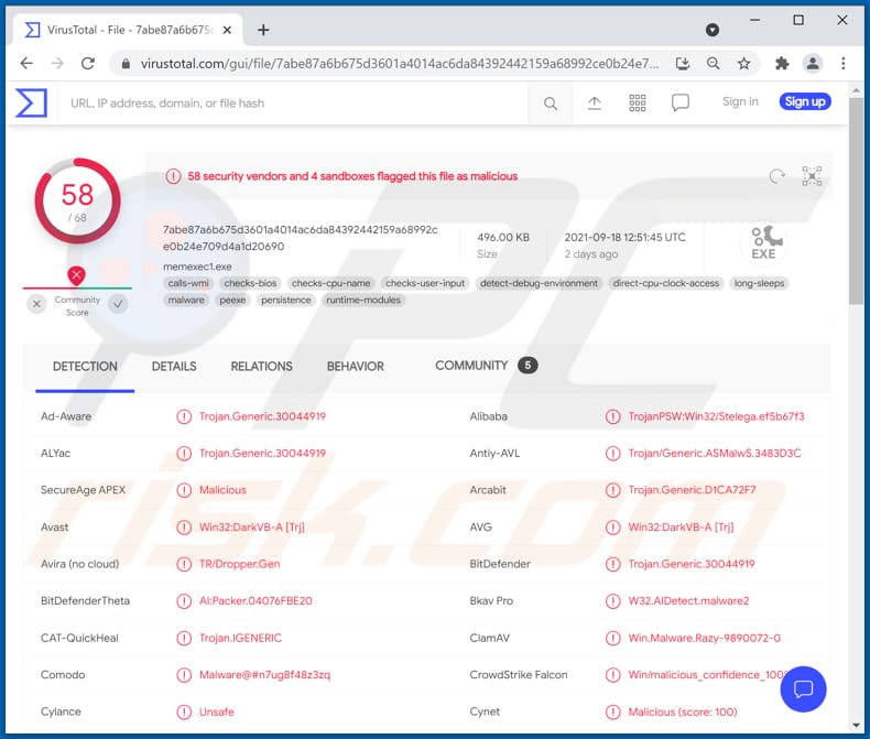 BlueStealer malware detectado como uma ameaça em Virustotal