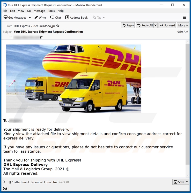 campanha de spam por email DHL Express Shipment Confirmation