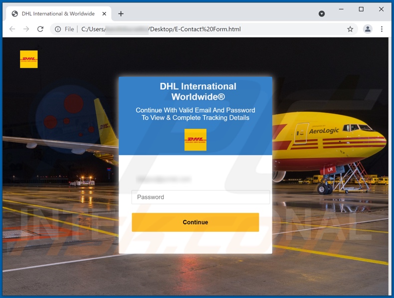 anexo de phishing por email DHL Express Shipment Confirmation (E-Contact Form.html)