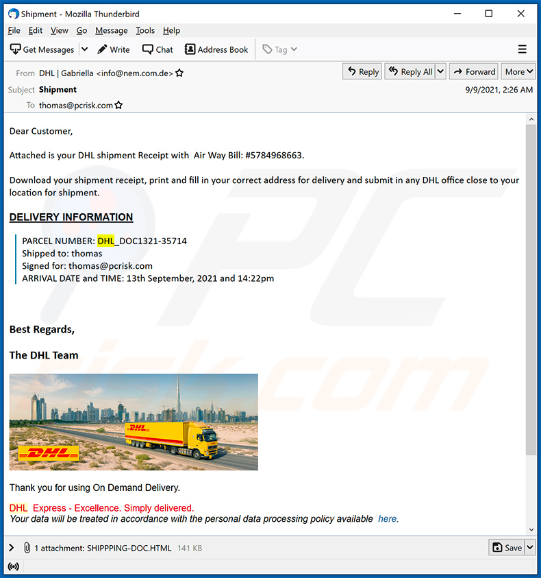 email spam de DHL Express Shipment Confirmation (2021-09-10)