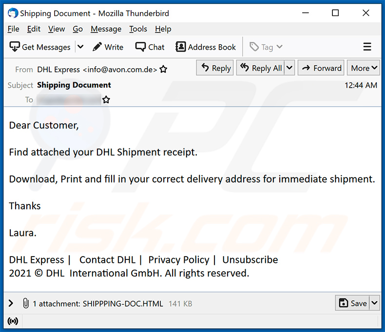 email de spam com o tema DHL Express promovendo um documento de phishing html (2021-09-07)