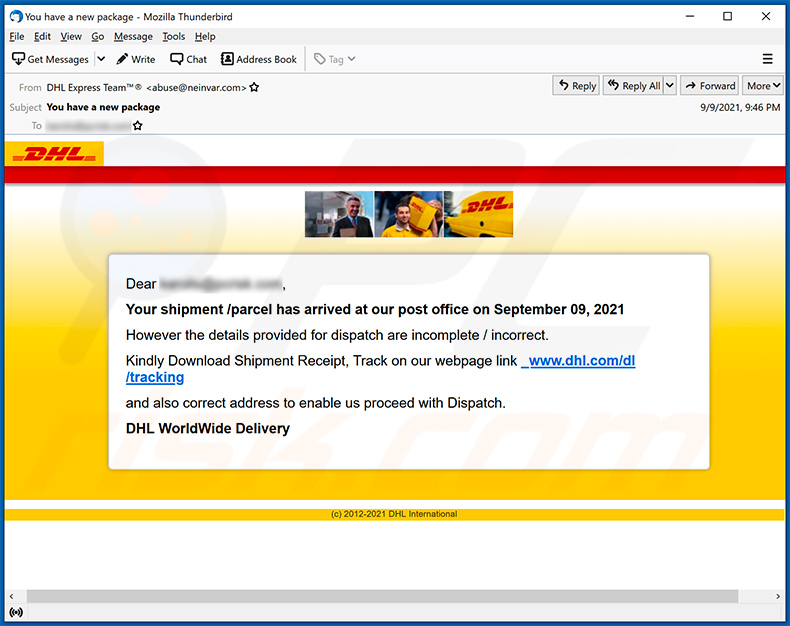 Email de spam com o tema DHL Express promovendo um site de phishing (2021-09-10)