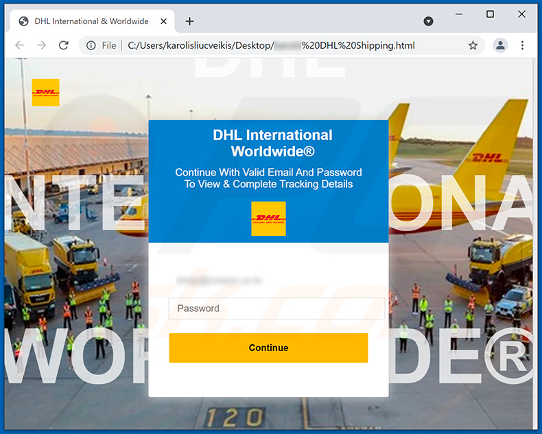 Ficheiro HTML anexado ao email de spam de confirmação de envio com o tema DHL (2021-09-17)