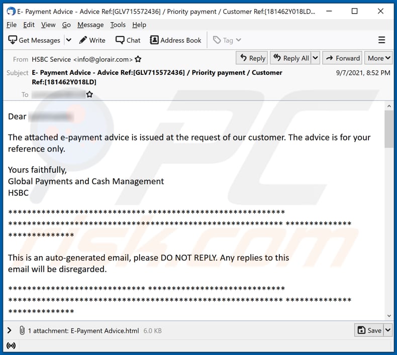 HSBC E-Payment Advice campanha de spam por correio eletrónico