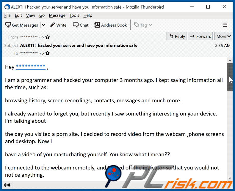 Aparência da fraude por email I am a programmer and hacked your computer 3 months ago (GIF)