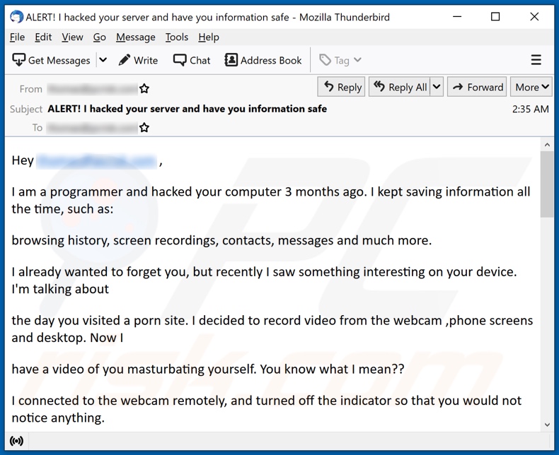 campanha de spam por email I am a programmer and hacked your computer 3 months ago
