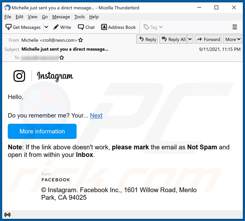 variante alternativa da fraude por email Instagram
