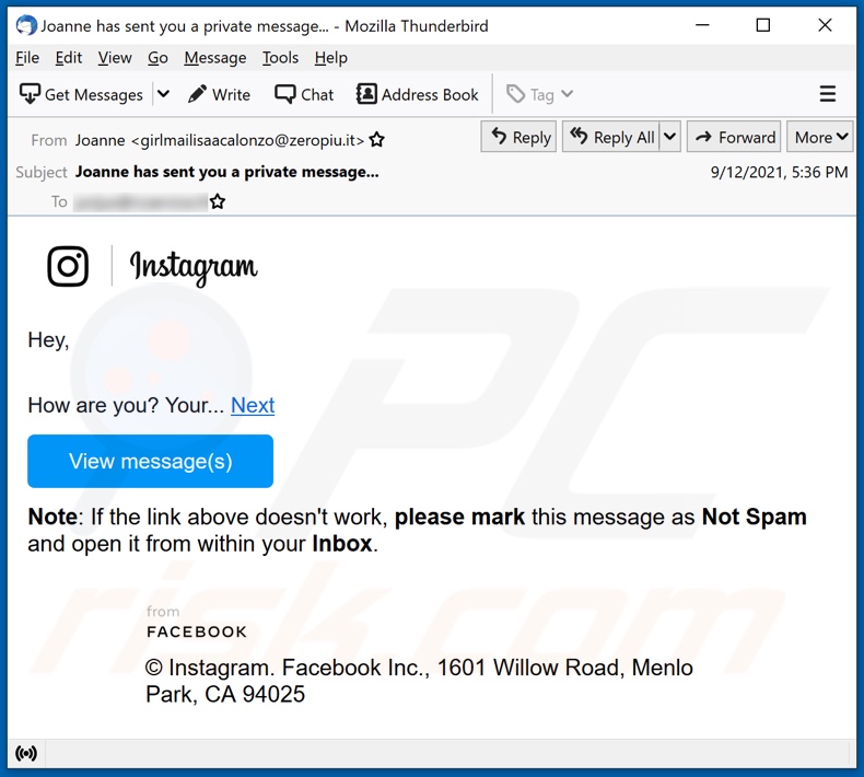 campanha de spam por email Instagram