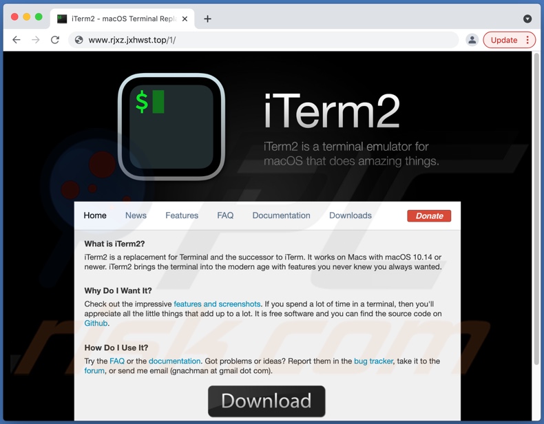 Site fraudulento utilizado para promover o malware iTerm2 