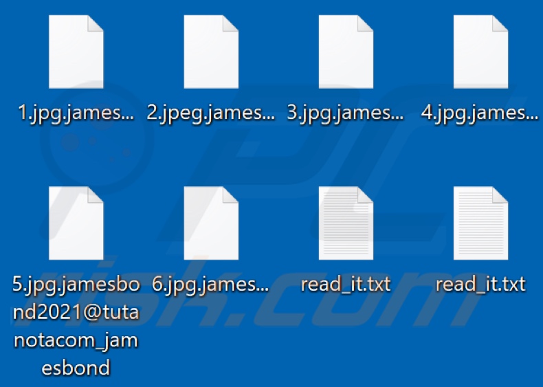 Ficheiros encriptados pelo ransomware JamesBond (extensão .jamesbond2021@tutanotacom_jamesbond)