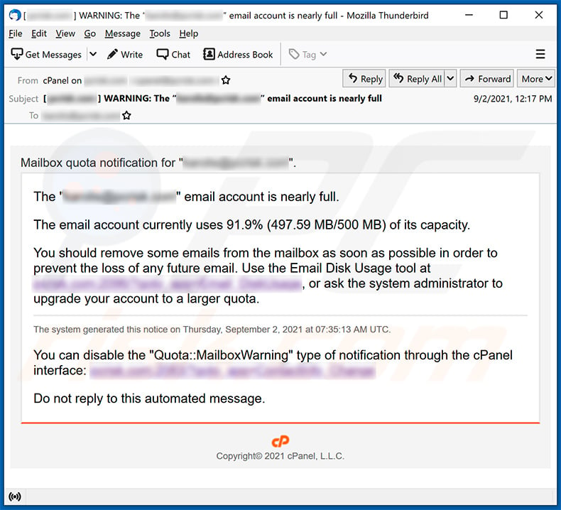 Caixa de email com capacidade temática de spam promovendo um site de phishing (2021-09-10)