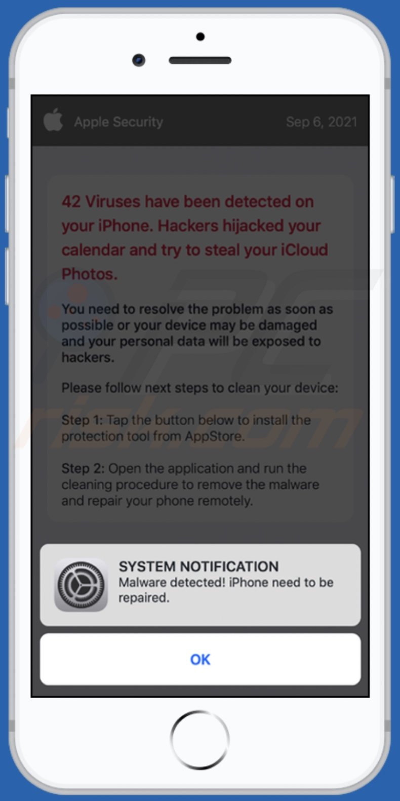 fraude Malware detected! iPhone need to be repaired