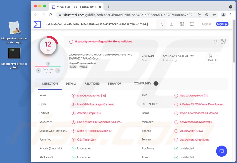 detecções do adware MapperProgress em VirusTotal