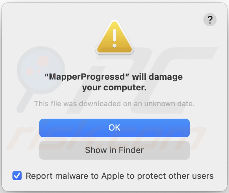 Janela pop-up exibida quando o adware MapperProgress está presente no sistema