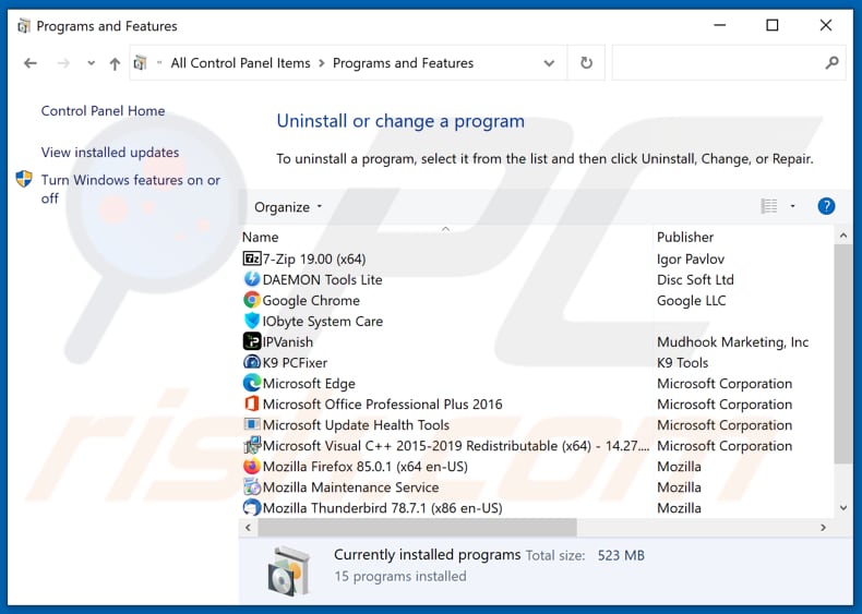 desinstalar o adware mugrikees[.]com via Painel de Controlo