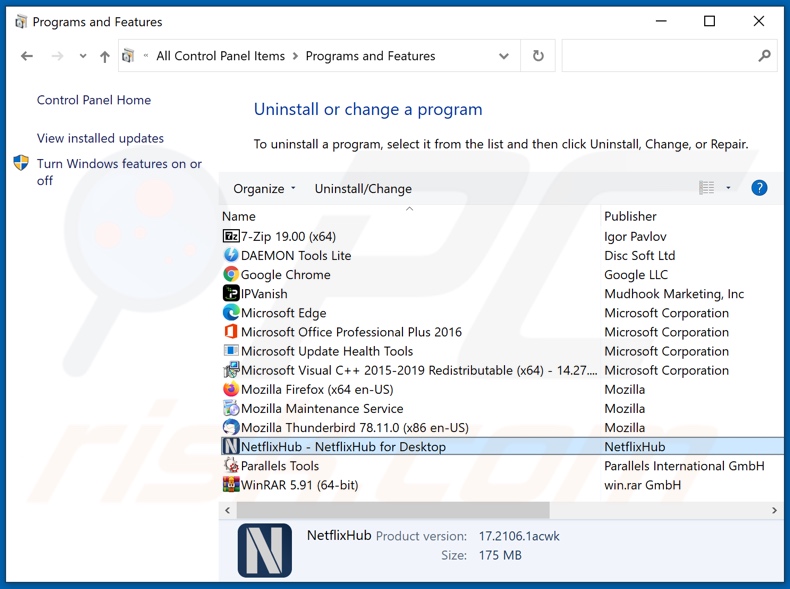 desinstalar o adware NetflixHub via Painel de Controlo