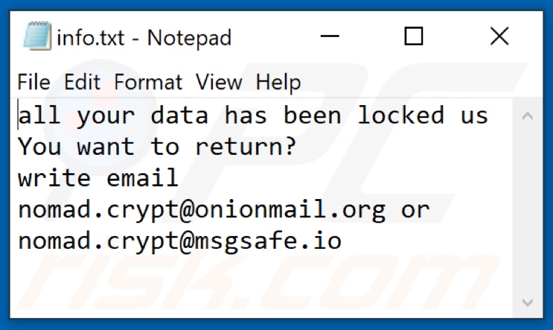  ficheiro de text do ransomware Nomad  (info.txt)