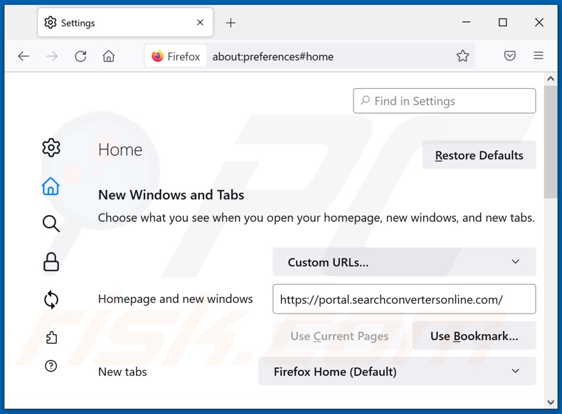 Remoção de searchconvertersonline.com da página inicial do Mozilla Firefox