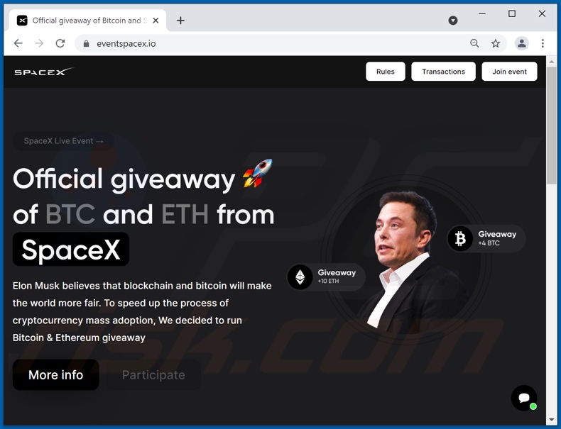 fraude SpaceX BTC e ETH giveaway