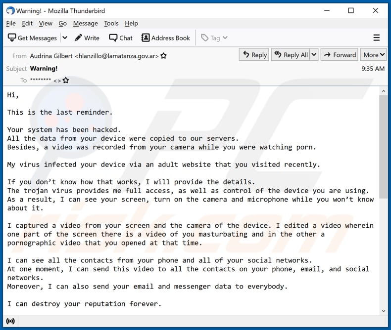 campanha fraudulenta de spam por e-mail This is the last reminder email scam