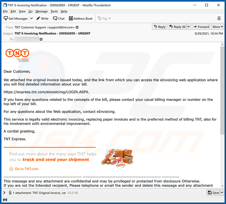 Agente Tesla de difusão de emails de spam com o tema TNT