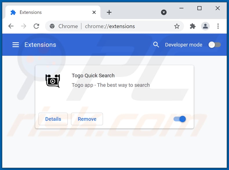 Remoção de extensões do Google Chrome relacionadas com togosearching.com