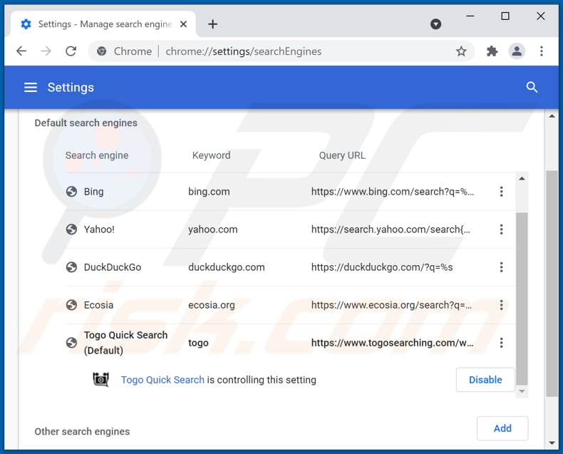 Remoção de togosearching.com do motor de pesquisa padrão do Google Chrome