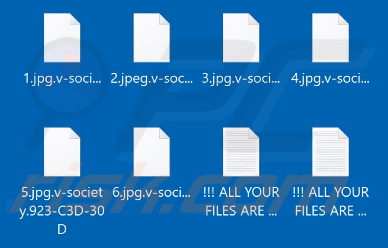 Ficheiros encriptados pelo ransomware do VICE SOCIETY (extensão .v-society.[victim's_ID])