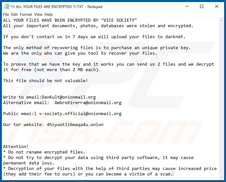 instruções de desencriptação de VICE SOCIETY (!!! ALL YOUR FILES ARE ENCRYPTED !!!.TXT)