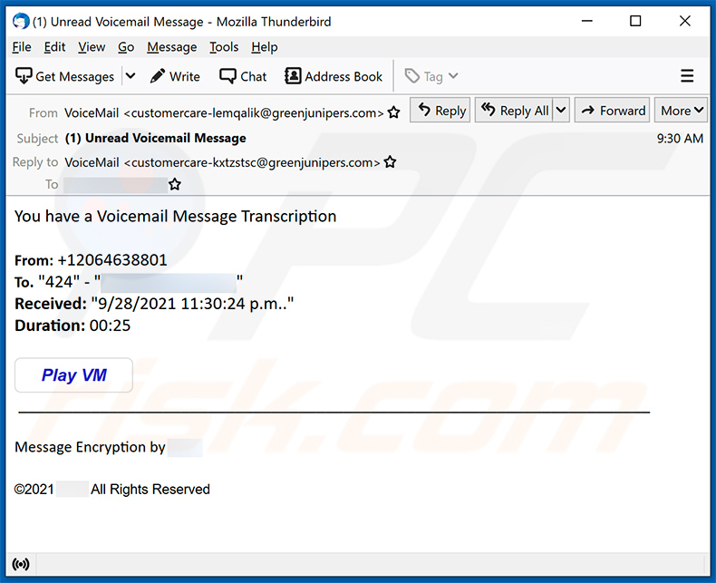 e-mail de spam com tema Voicemail a promover um site de phishing (2021-09-29)